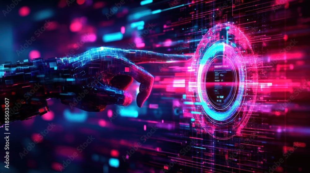 Canvas Prints digital hand interacting with glowing sphere in a futuristic cyberspace