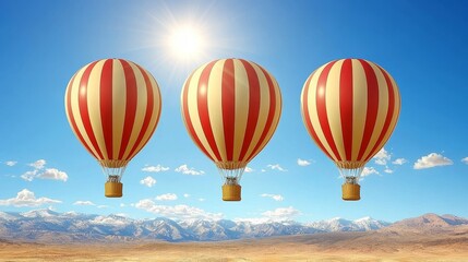 Obraz premium Three Retro-Styled Hot Air Balloons Ascending Over a Mountain Range