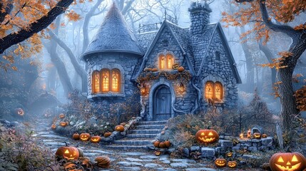 Obraz premium Enchanted Halloween Cottage: Spooky Stone House in Autumn Forest