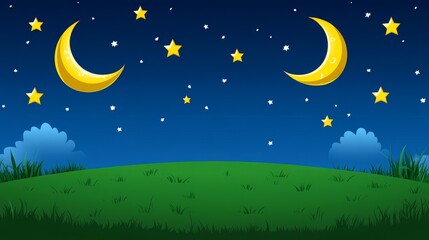 Naklejka premium Serene Night Scene with Crescent Moons and Twinkling Stars Over a Hill