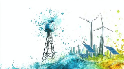 Sustainable Future: A vibrant illustration of a sustainable city with wind turbines, solar panels, and a water tower on a landscape of flowing water, representing a clean energy future 