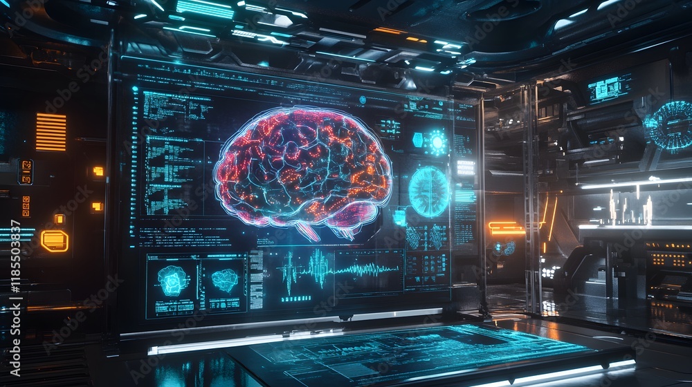 Poster futuristic laboratory shows brain neural network data analysis