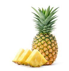 Pineapple with slices isolated on white background.