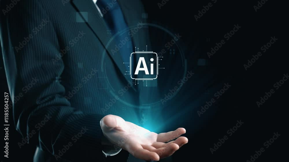 Poster human interact with ai artificial intelligence brain processor in concept of ai artificial intellige