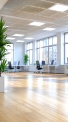 Fototapeta premium Bright and Airy Modern Open Office Featuring Natural Light and Greenery