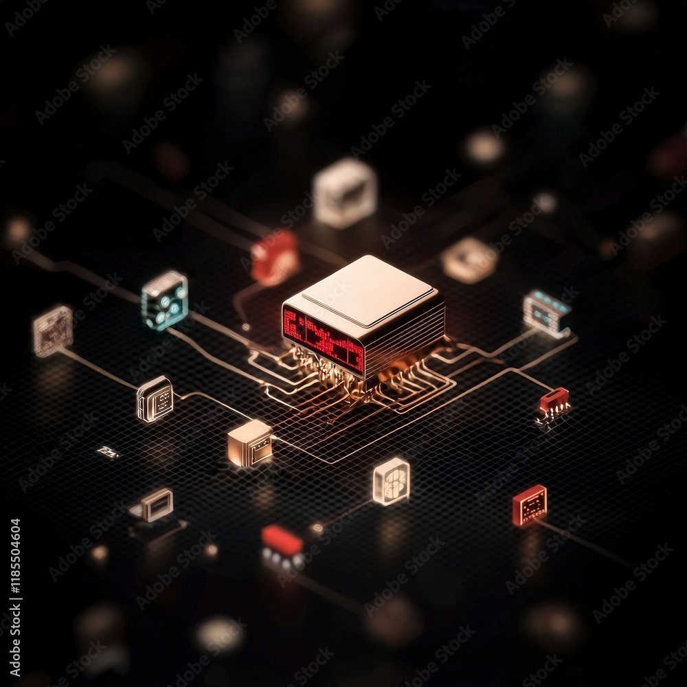 Poster Futuristic CPU Chip  Gold Microchip  Tech Innovation  Digital Network  3D Render