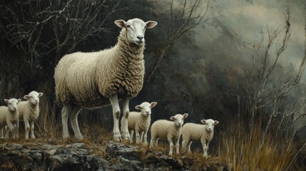 Obraz premium A Flock of Sheep Amidst a Misty Forest