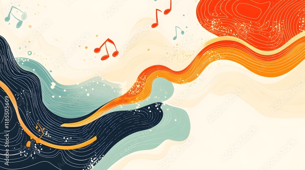 Poster abstract music wave design featuring colorful swirls and notes