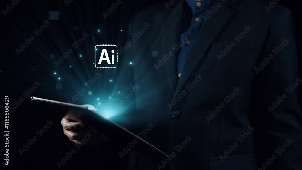 Poster human interact with ai artificial intelligence brain processor in concept of ai artificial intellige