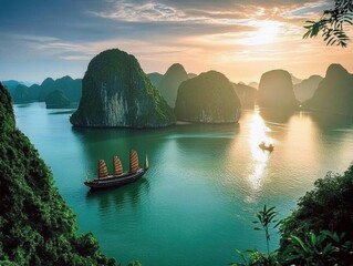 Arial view of Halong Bay- Vietnam in sunset