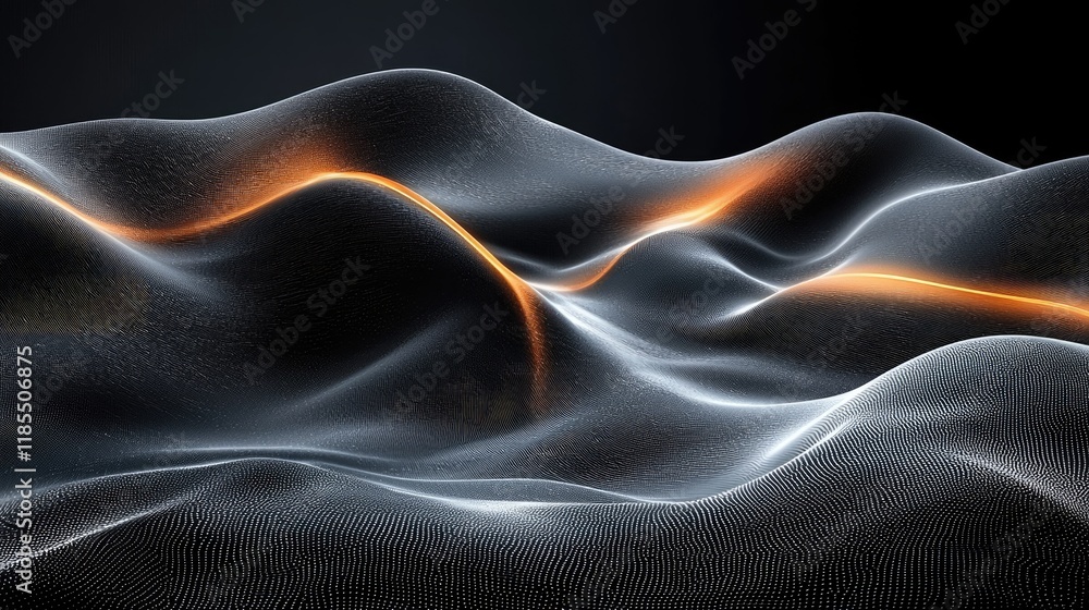 Poster abstract 3d rendering of glowing orange light streaks on a dark undulating particle surface