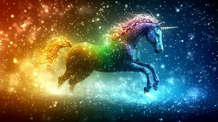 Naklejka premium Magical Rainbow Unicorn in a Sparkling Galaxy: A Fantasy Art Masterpiece