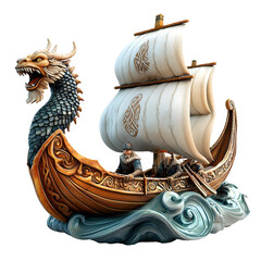 Ornate Viking Ship with Dragon Head Prow, Sailors, and Sails Decorated with Knotwork, Isolated on Transparent Background.