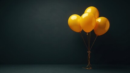 A cluster of golden balloons tied together rests on a dark surface against a moody backdrop.