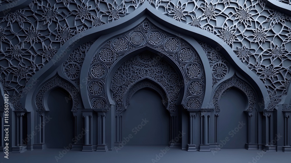 Poster Abstract 3D Rendering of Ornate Architectural Structure with Intricate Detailing and Dark Gray Color Scheme