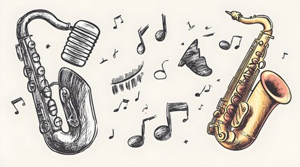 Naklejka premium Saxophones and Musical Notes Artistic Illustration