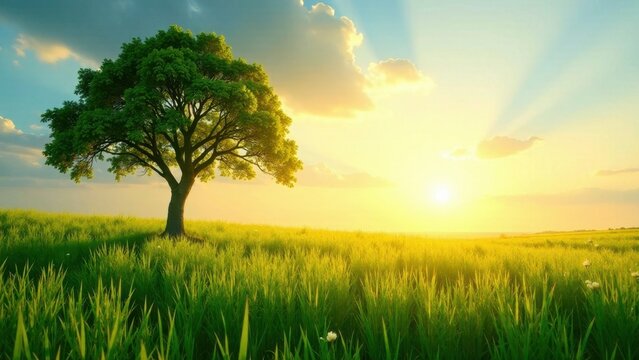 Serene Sunset Landscape Featuring a Lone Deciduous Tree in a Verdant Meadow