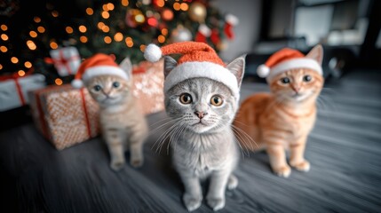 Adorable Kittens in Santa Hats  Christmas Tree Background  Festive Holiday Cats