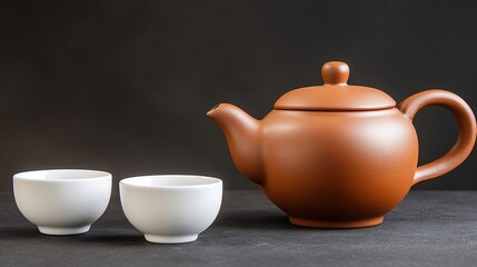 Ceramic Teapot and Cups on Dark Background - Ideal for Tea Ceremony Promotion