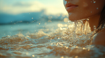 Obraz premium Person Enjoying a Relaxing Shower on a Sandy Beach with Ocean Waves