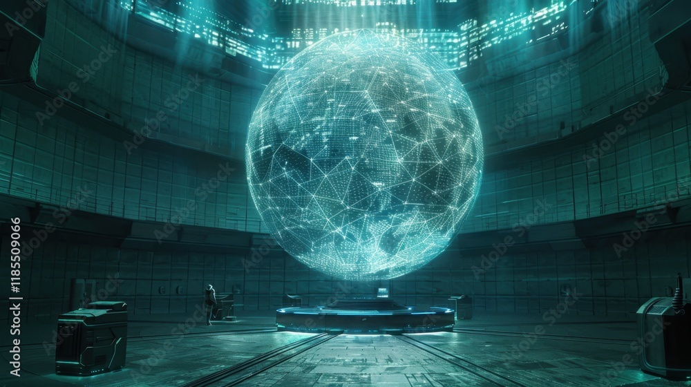 Poster futuristic digital globe surrounded by glowing data connections in high tech environment. scene conv