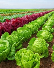 Lush rows of vibrant lettuce in a farm field under clear skies.