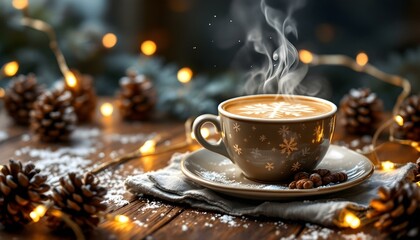 A steaming cup of coffee with snowflake latte art, placed on a wooden table surrounded by pinecones and fairy lights.