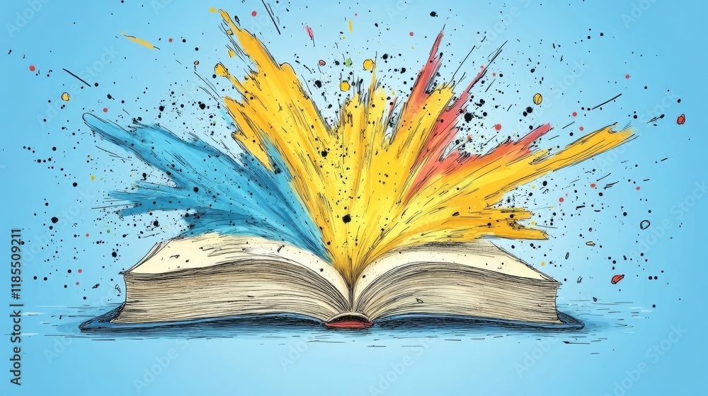 Poster an open book exploding with vibrant, multicolored paint splashes