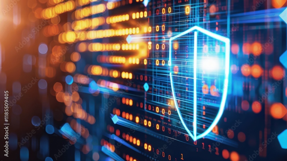 Poster digital security shield with glowing binary code background, representing cybersecurity and data pro