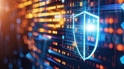 Digital security shield with glowing binary code background, representing cybersecurity and data protection