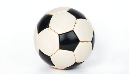 Fototapeta premium Classic black and white soccer ball with visible wear, isolated on a clean white background, symbolizing sports and nostalgia
