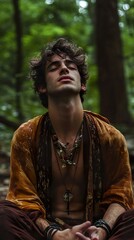 Fototapeta premium Serene Man in Forest: A Moment of Peace and Tranquility