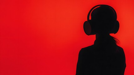 Silhouette of a person wearing headphones against a red background