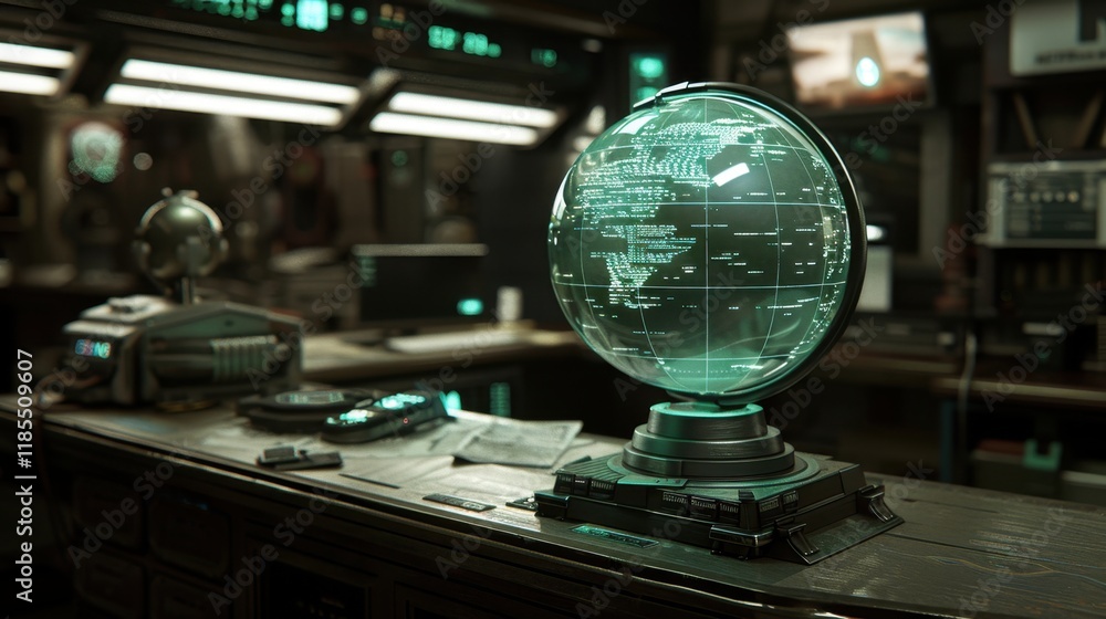 Poster futuristic globe with digital map display sits on desk in high tech office. room features advanced t