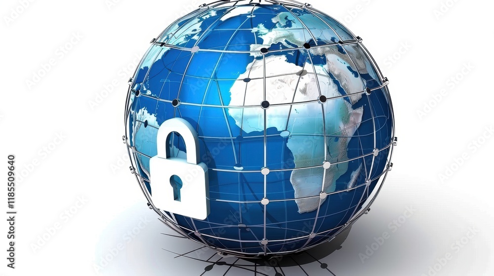 Poster globe with padlock symbolizing global security and data protection, representing importance of cyber