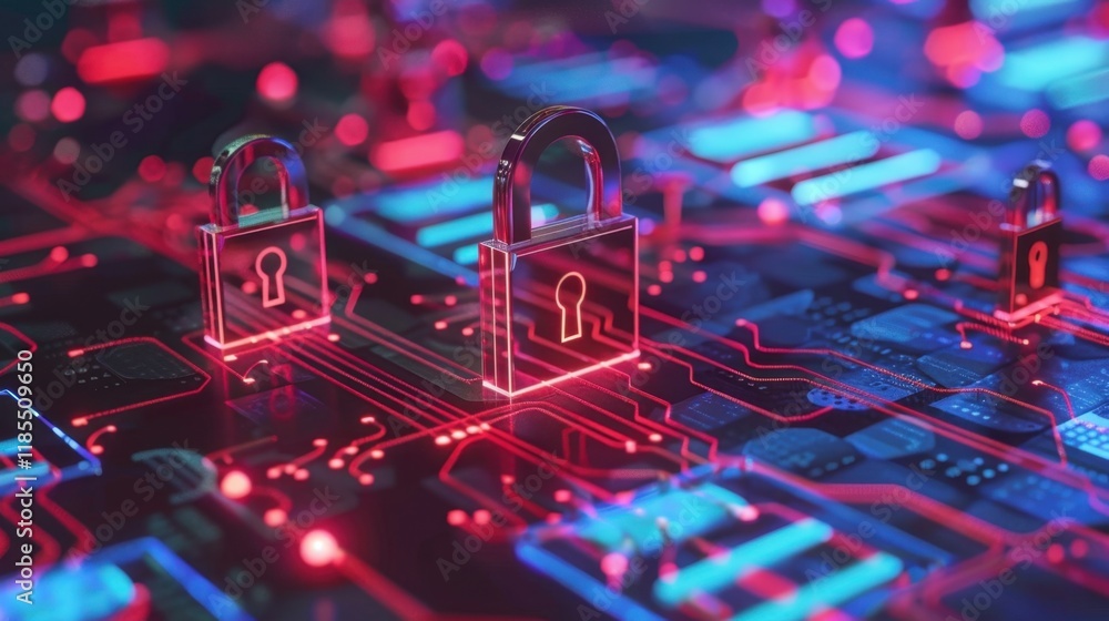 Poster digital locks on circuit board symbolize cybersecurity and data protection. vibrant colors create fu