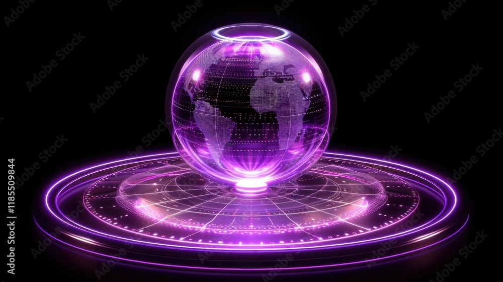 Poster glowing purple globe with digital map, surrounded by circular interface, represents technology and c