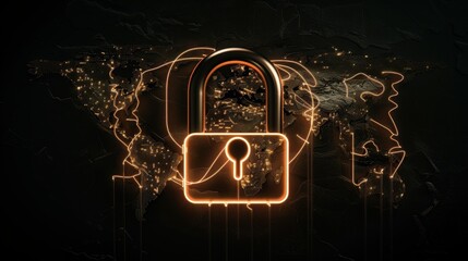 Digital world map with glowing lock symbol representing cybersecurity and data protection. interconnected lines highlight global connectivity and security