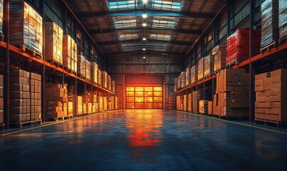Fototapeta premium A spacious warehouse filled with stacked boxes, illuminated by warm light from large doors.