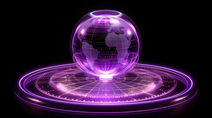 glowing purple globe with digital map, surrounded by circular interface, represents technology and connectivity. futuristic design evokes sense of innovation and global reach