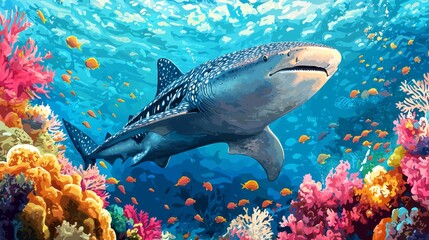Fototapeta premium A majestic whale shark swims gracefully through vibrant coral reefs teeming with colorful fish in a crystal-clear ocean.