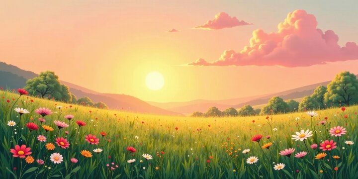Serene Sunset Meadow A picturesque landscape of vibrant wildflowers blooming under a warm, golden sunset, rolling hills in the background, creating a tranquil and idyllic scene.