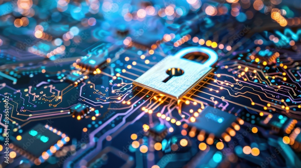Aufkleber digital lock on circuit board, symbolizing cybersecurity and data protection. intricate design highl