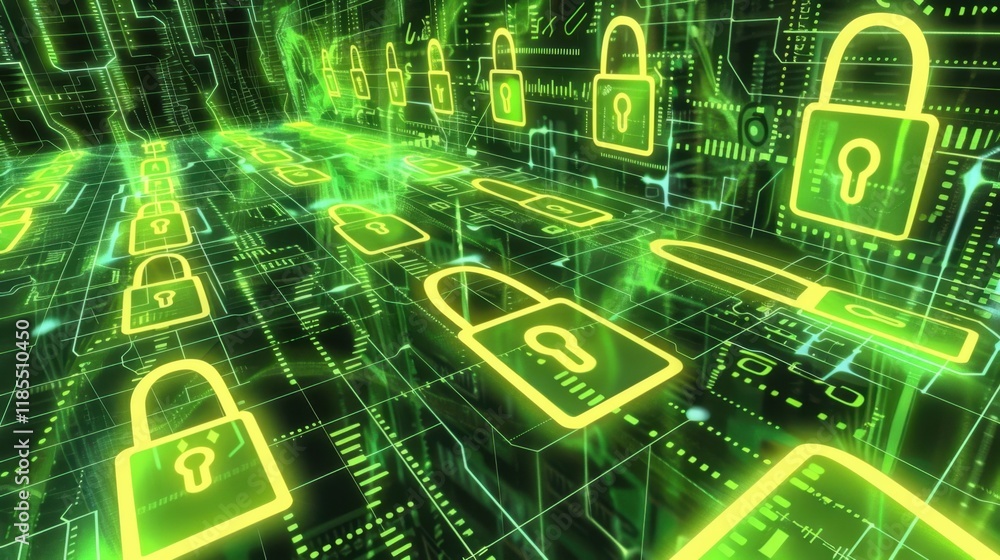 Poster digital locks and security symbols in futuristic cyber environment create sense of protection and te