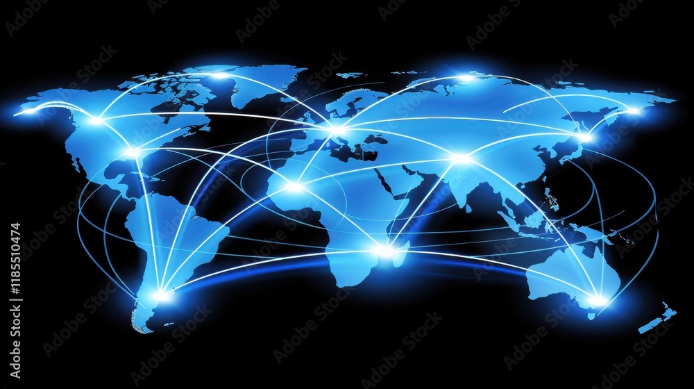 Poster global network connections illustrated with glowing lines across world map, symbolizing communicatio