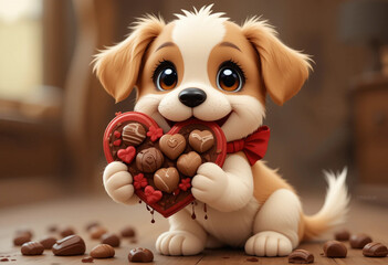 Valentine's Day Puppy with Heart-Shaped Chocolates - Cute Cartoon Style.