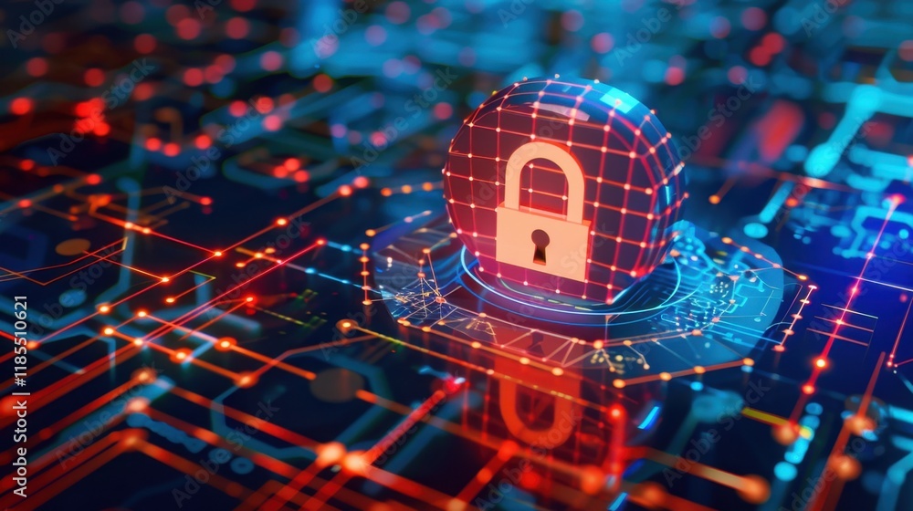 Poster digital lock symbolizing cybersecurity on circuit board background, representing data protection and