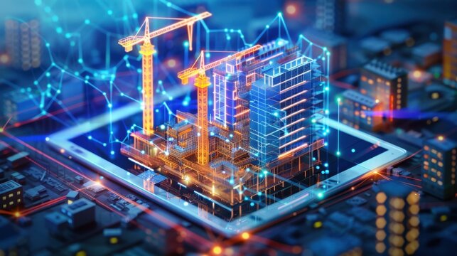 Digital construction site with cranes and buildings on tablet, showcasing modern technology and innovation in architecture and engineering