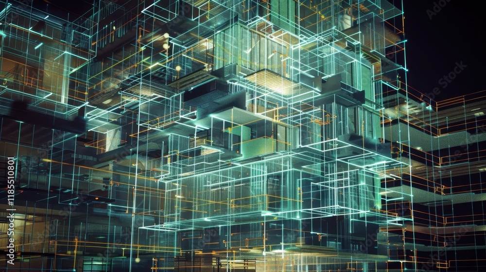 Poster futuristic architectural design featuring complex structure with transparent layers and glowing line