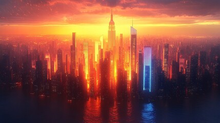 Fototapeta premium A vibrant city skyline at sunset, showcasing towering skyscrapers illuminated by warm orange and red hues.